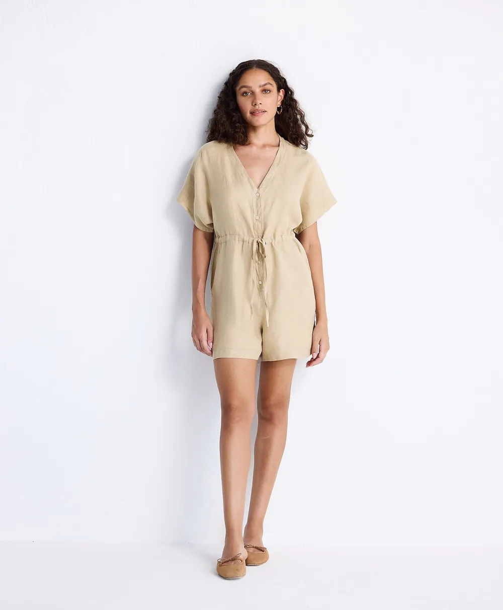 Reistor® V neck Drawstring Neutral Beige Romper in 100% Hemp