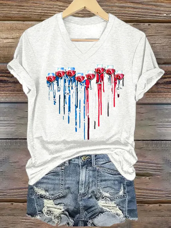 Woman'S Heart-Shaped Star Stripe Prints And Red Wine Glasses V-Neck Short-Sleeve T-Shirt