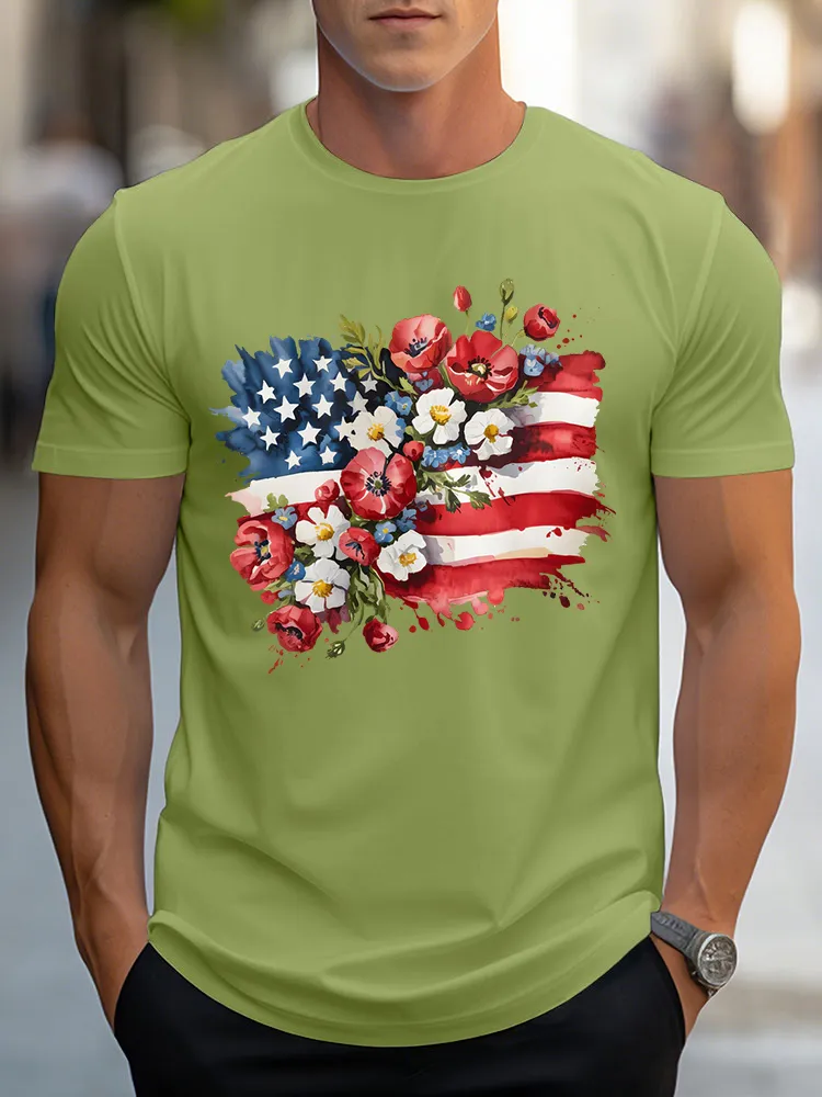 Men's Independence Day Flowers Round-Neck Short-Sleeved T-Shirt