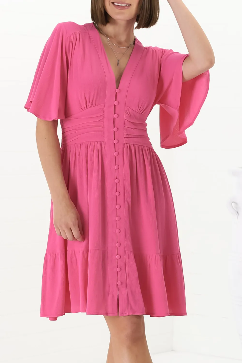 Pink V Neck Button Front Dress