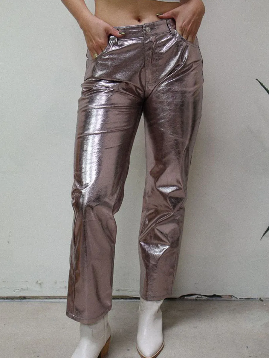 Metallic Low Rise Straight Leg Pants