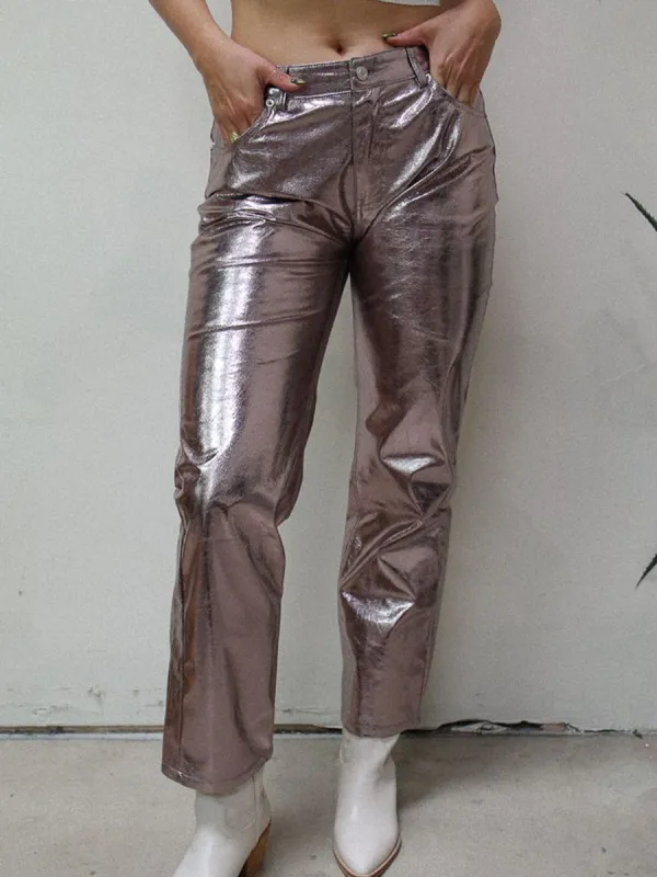 Metallic Low Rise Straight Leg Pants
