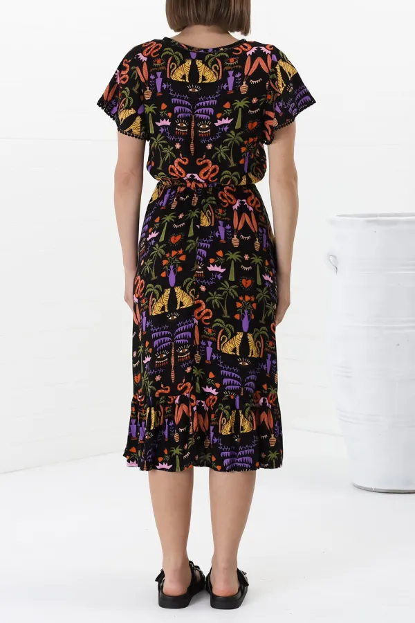 Black Colorful Print Flutter Sleeve Midi Dress