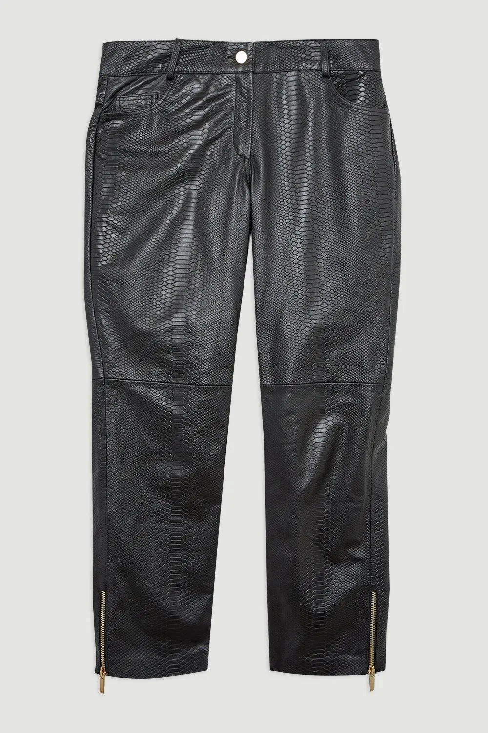 Snake Print Leather Slim Leg Low Rise Trousers