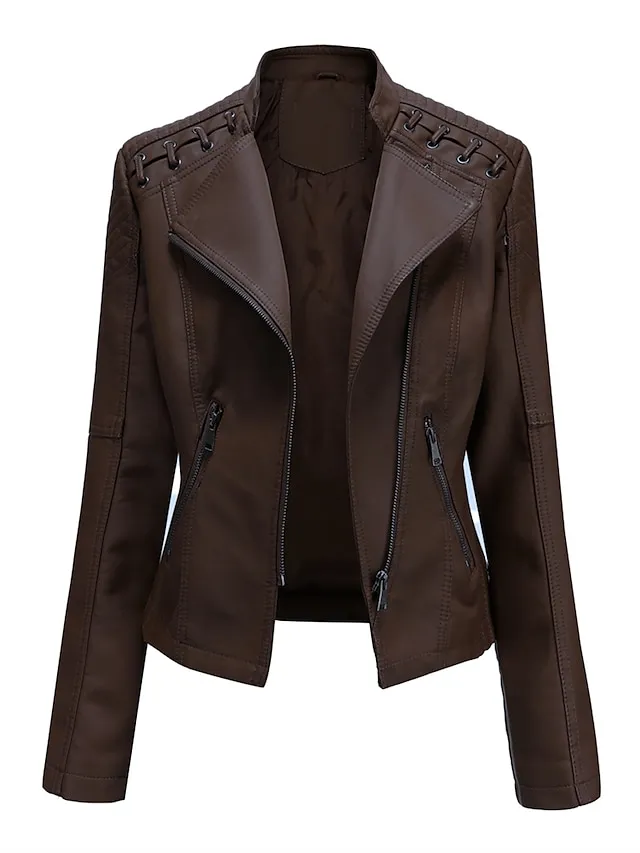 Women's  Faux Leather Jacket Moto Biker Jacket Fall Waterproof Windproof Coat Winter Zipper Lapel Modern Outerwear Long Sleeve Causal Vacation