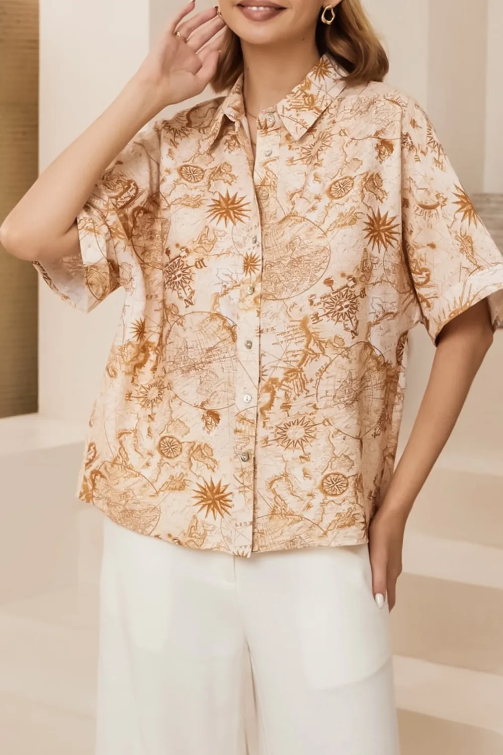 Light Brown Patterned Short Sleeve Shirt
