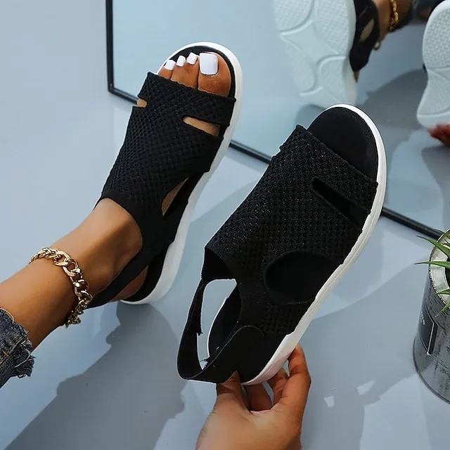 Women's Sandals Plus Size Flyknit Shoes Outdoor Daily Walking Summer Flat Heel Open Toe Sporty Casual Walking Shoes Tissage Volant Magic Tape Solid Color Solid Colored Almond Light Blue