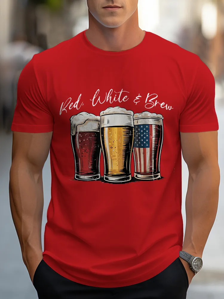 Man'S Red White A Brew Round-Neck Short-Sleeved T-Shirt