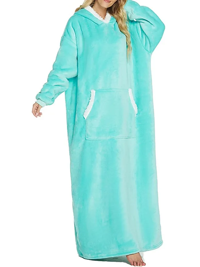 Women's Wearable Blanket Hoodie Blanket Pajama Loungewear Pure Color Warm Plush Casual Home Daily Bed Flannel Warm Breathable Hoodie Long Sleeve Pocket Fall Winter Lake blue Black