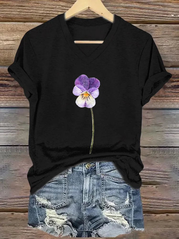 Women'S Floral Printed Alzheimer'S Awareness V-Neck Short-Sleeved T-Shirt
