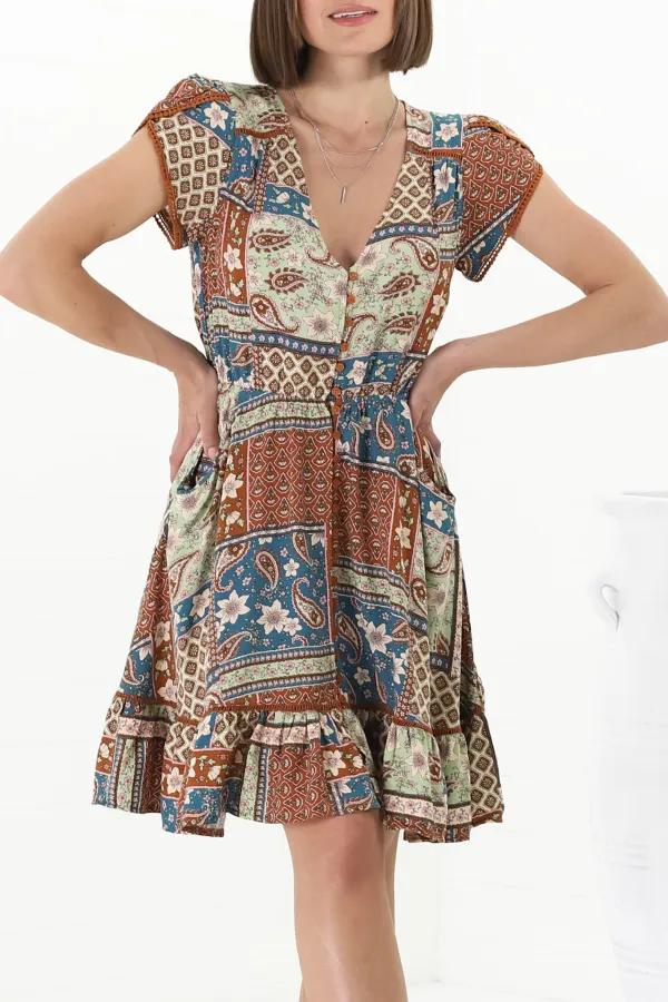 Colorful Patchwork Print V Neck Flared Dress
