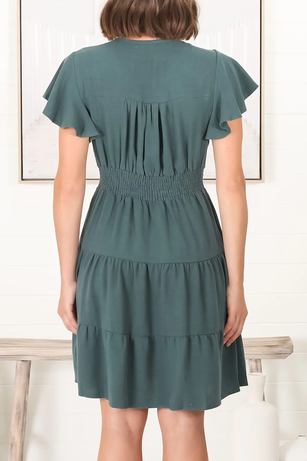 Dark Green Ruffled Tiered Button Down Dress