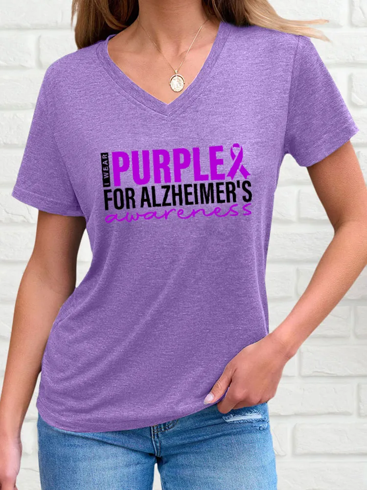 Women'S V-Neck Short-Sleeved T-Shirt I Wear Purple For Alzheimer'S Awareness Prints