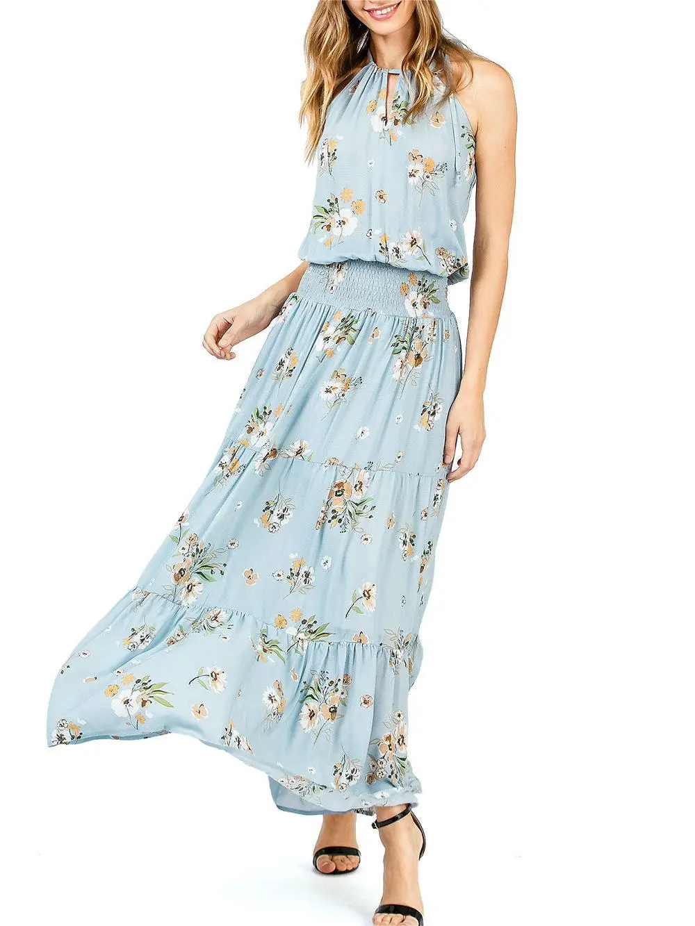Light Blue Floral Halter Maxi Dress