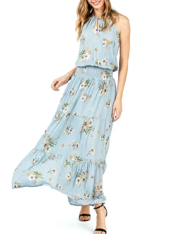 Light Blue Floral Halter Maxi Dress
