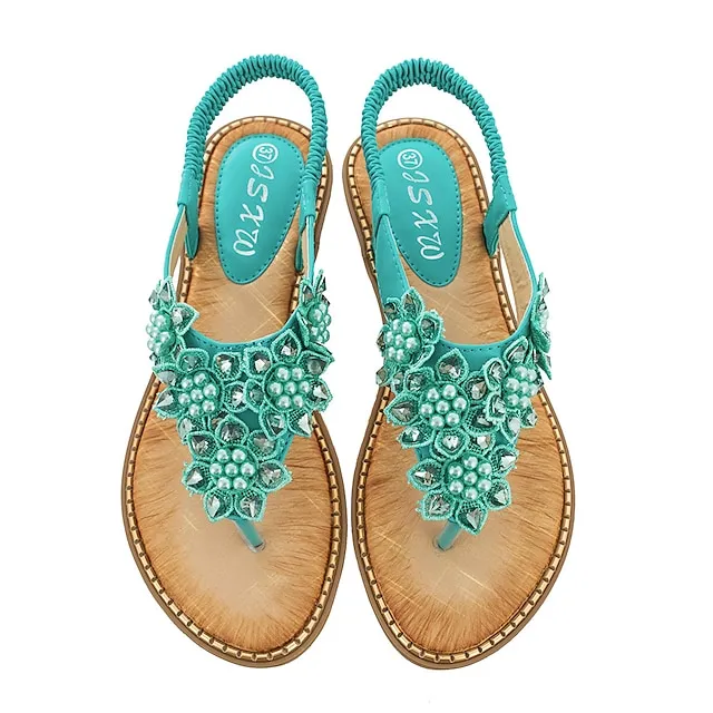 Women's Sandals Flat Sandals Party Beach Summer Rhinestone Flat Heel Round Toe Open Toe Elegant Casual PU Leather Elastic Band Solid Colored Almond Black White