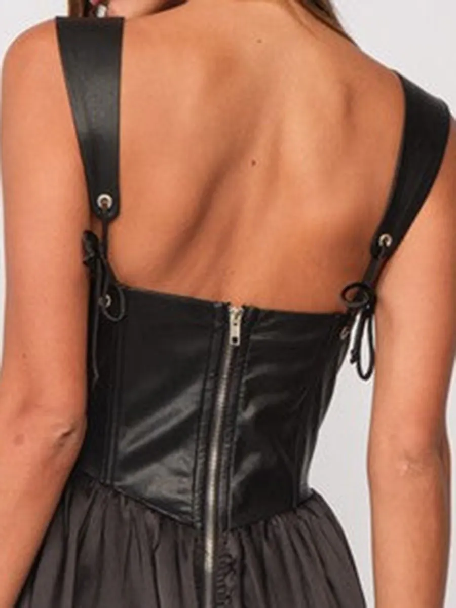 Satin Faux Leather Sleeveless Mini Dress