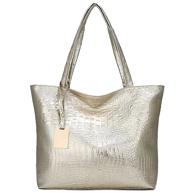 Women's Shoulder Bag Tote PU Leather Daily Embossed Solid Color Crocodile Silver Black Gold