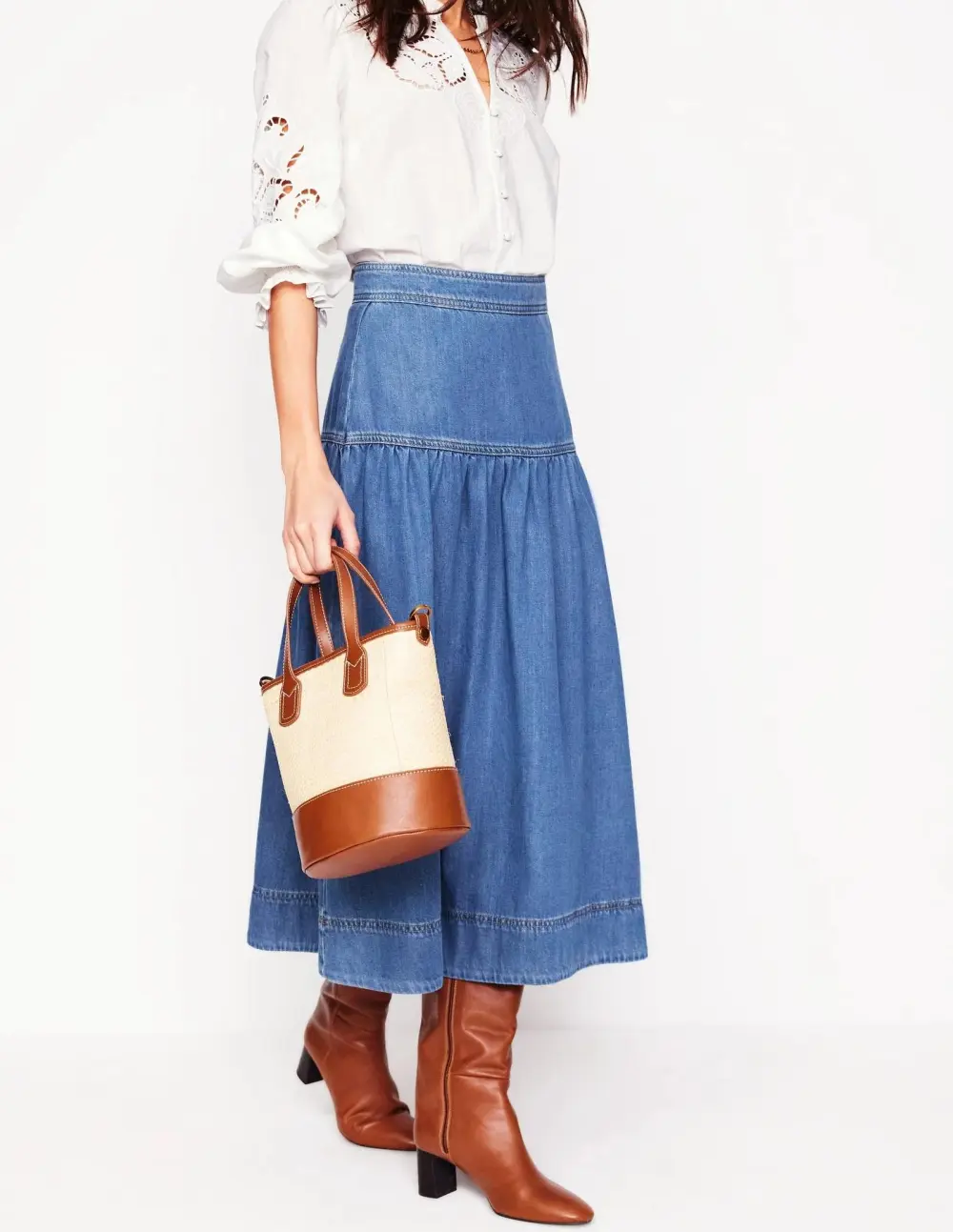 Blue Denim Tiered Midi Skirt