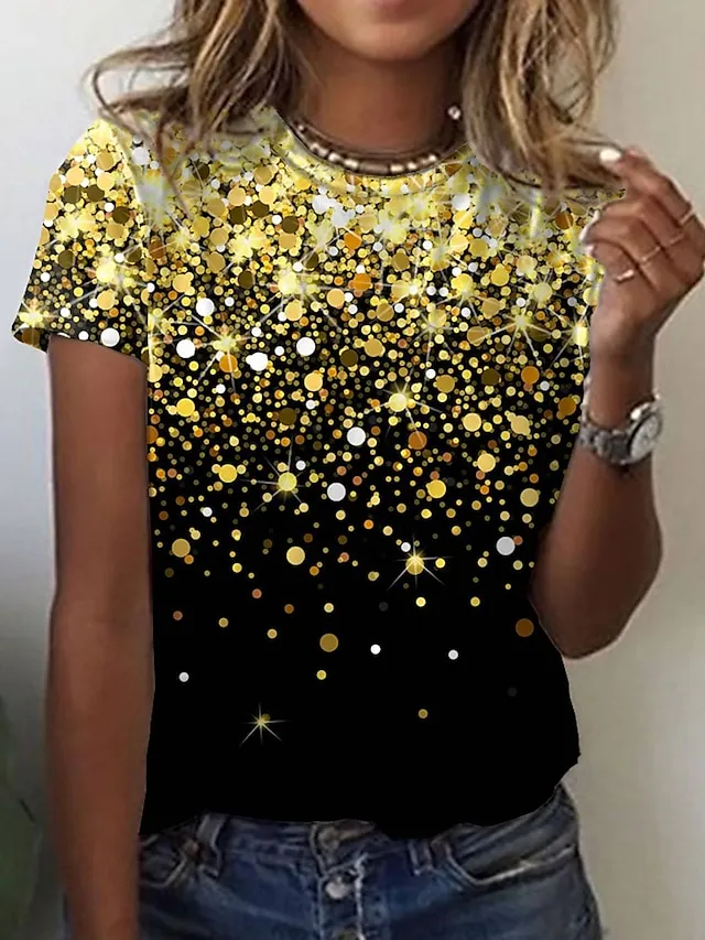 Women's T shirt Tee Grass Green Black Yellow Graphic Abstract Print Short Sleeve Daily Weekend Vintage Basic Round Neck Regular Geometric S