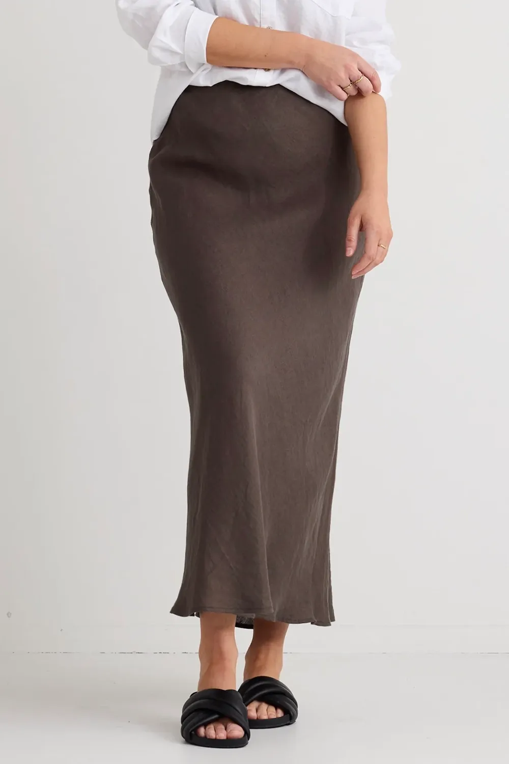 Dark Olive Linen Bias Midi Skirt