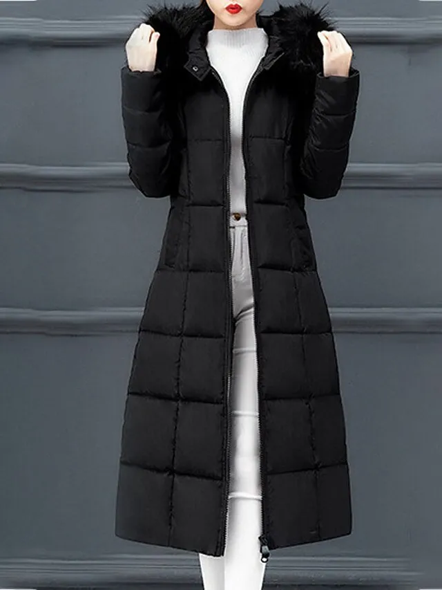 Women's Puffer Jacket Winter Jacket Winter Coat Hoodie Jacket Street Daily Valentine's Day Fall Winter Long Coat Regular Fit Warm Casual Jacket Long Sleeve Plain Full Zip Black Red Blue