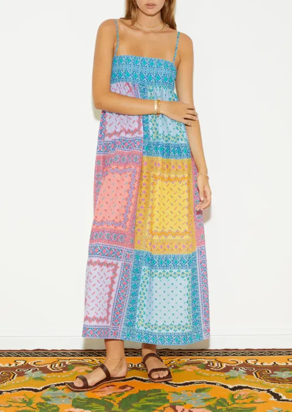 Patchwork Puff Sleeve Maxi Smock Dress