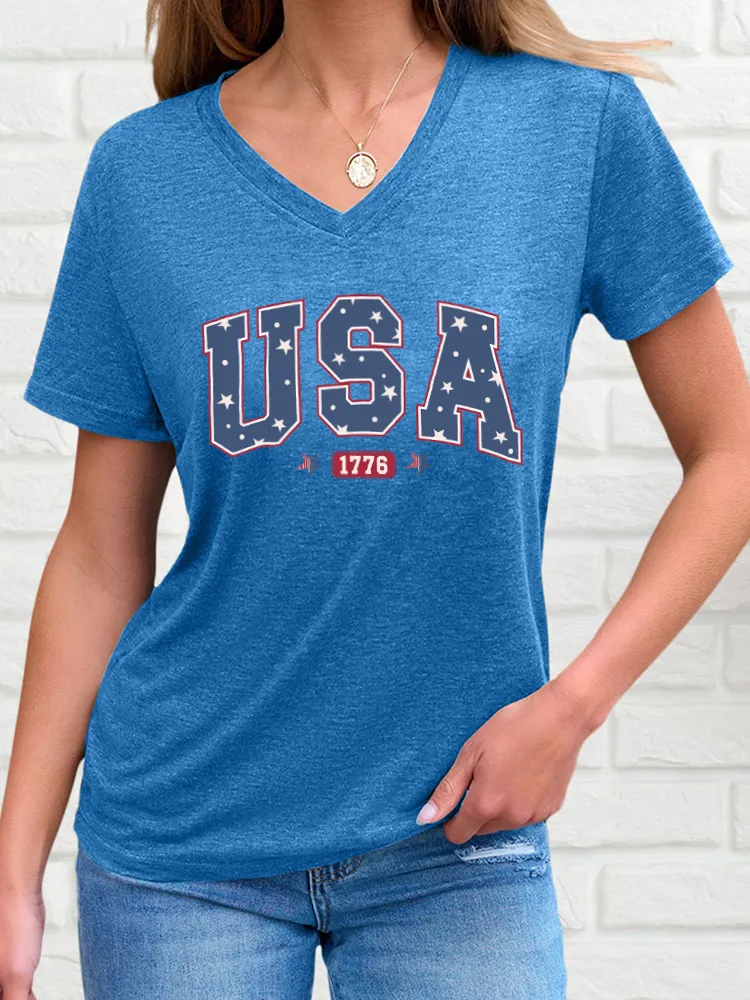 Women'S USA 1776 Print Short-Sleeved T-Shirt