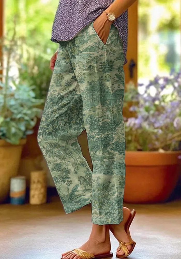 Women's Casual Green Plant Print Cotton and Linen Trousers