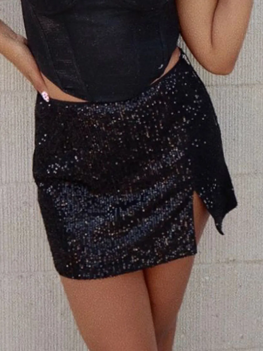 Black Sequin Short Slit Skirts