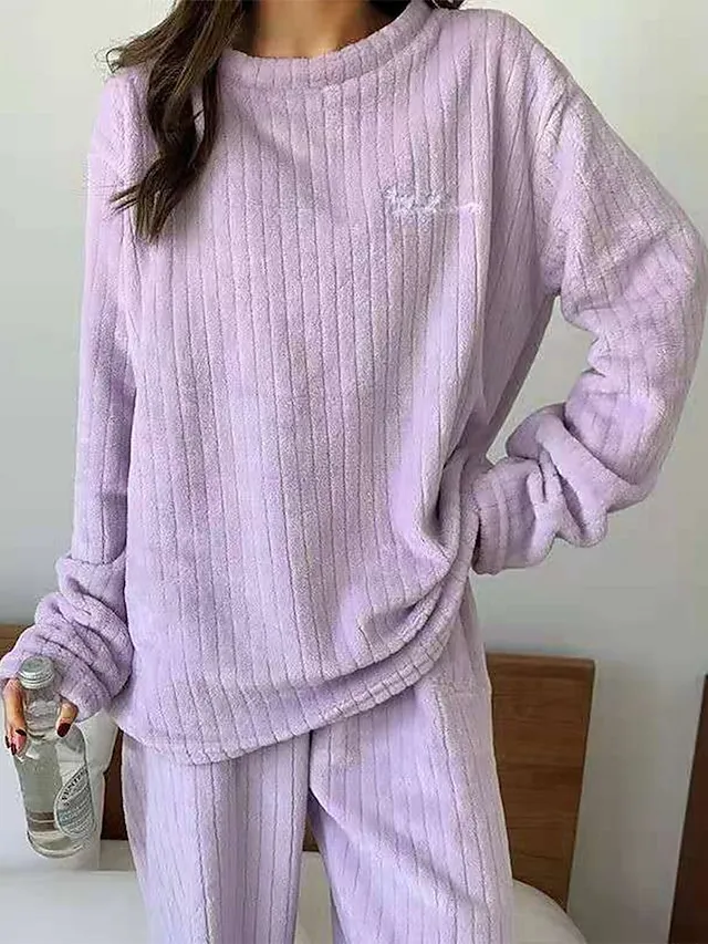 Women's Fleece Fluffy Fuzzy Warm Pajamas Sets Letter Plush Casual Comfort Home Daily Bed Coral Fleece Coral Velvet Warm Crew Neck Long Sleeve Pullover Pant Elastic Waist Fall Winter Light Pink White