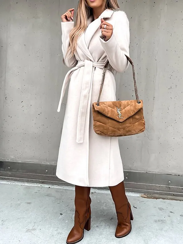 Women's Winter Coat Coat Daily Going out Fall Winter Long Coat Regular Fit Thermal Warm Casual Jacket Long Sleeve Solid Color Lace up Black White Khaki