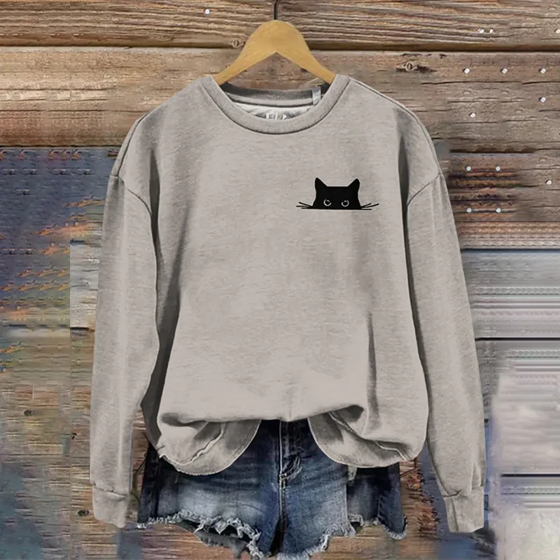 Women's Embroidered Black Cat Print Sweatshirt