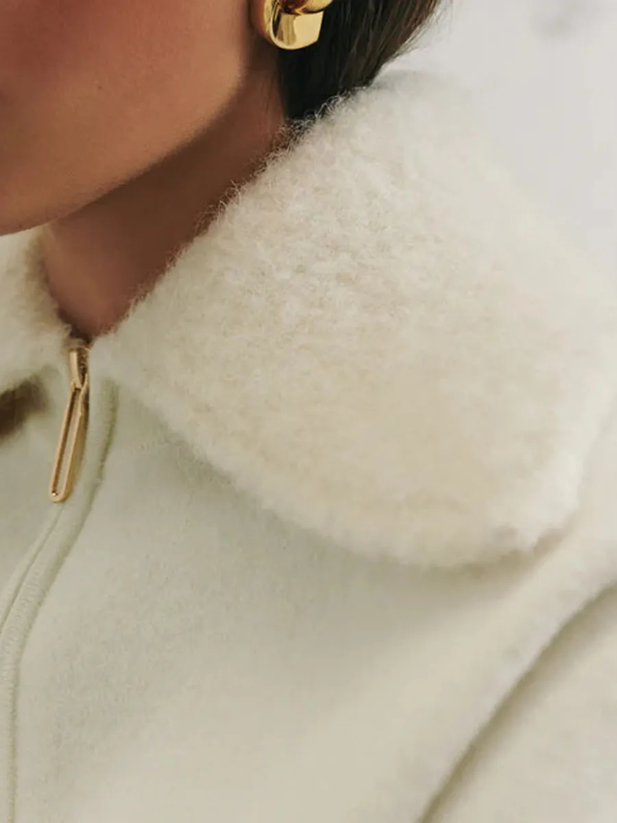 White Boiled Wool Bomber Jacket