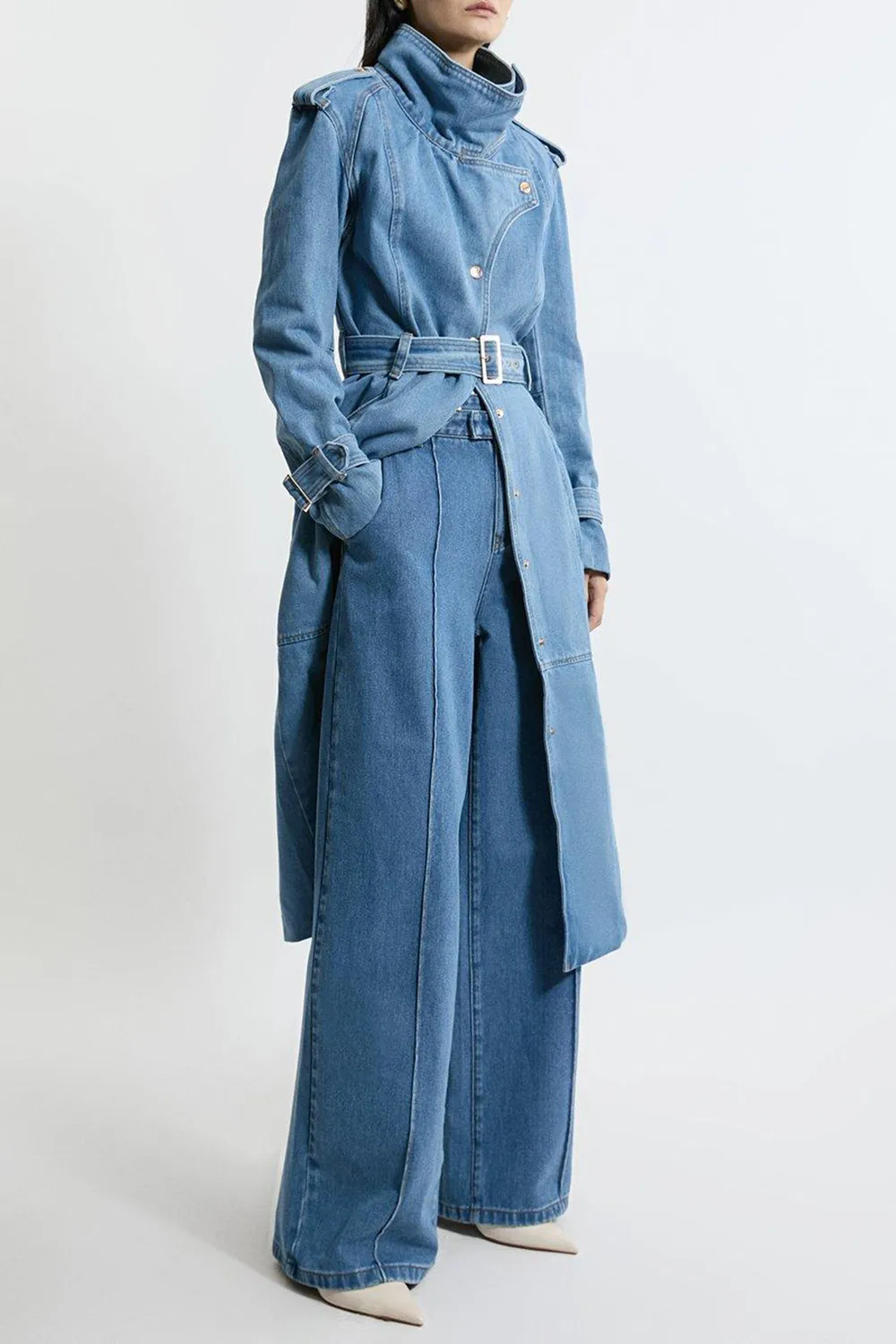 Denim Waistband Detail Wide Leg Trousers