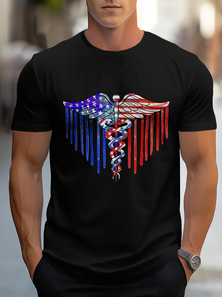 Man'S Star-Striped Wings Round-Neck Short-Sleeved T-Shirt