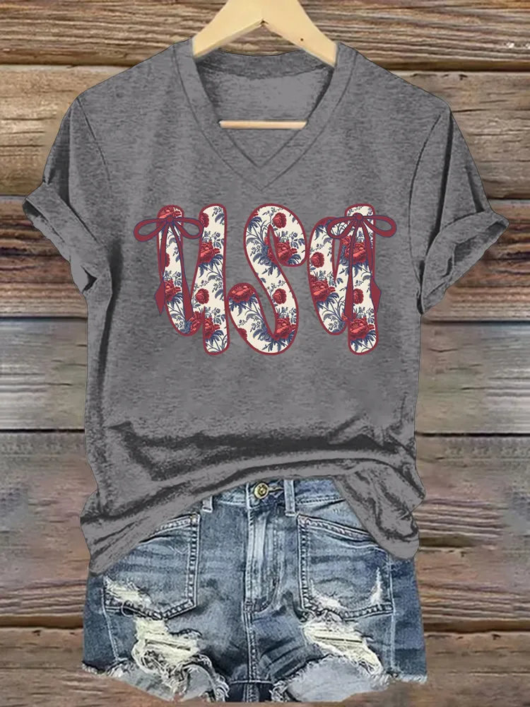 Woman'S USA Independence Day V-Neck And Short Sleeves T-shirt