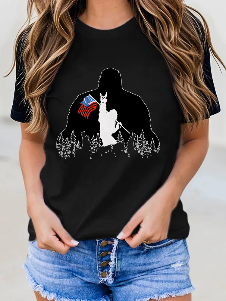 Woman'S National Flags And Animal Silhouettes Round-Neck Short-Sleeved T-Shirt
