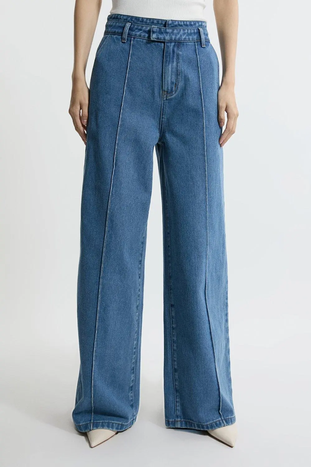 Denim Waistband Detail Wide Leg Trousers