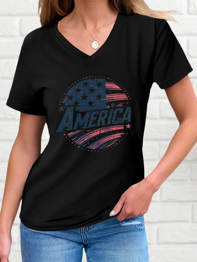 Woman'S America V-Neck And Short Sleeves T-Shirt