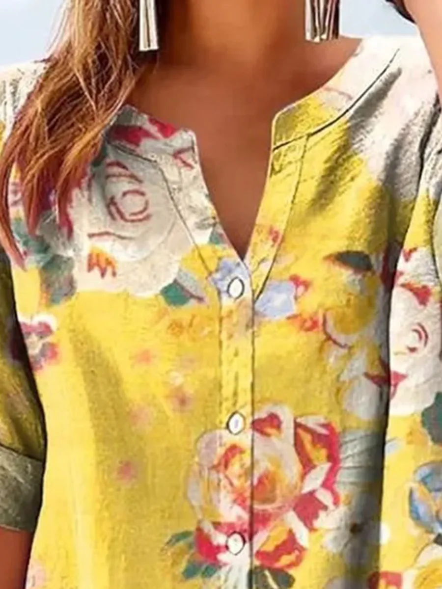 Women's Retro Casual Floral Cotton and Linen Top