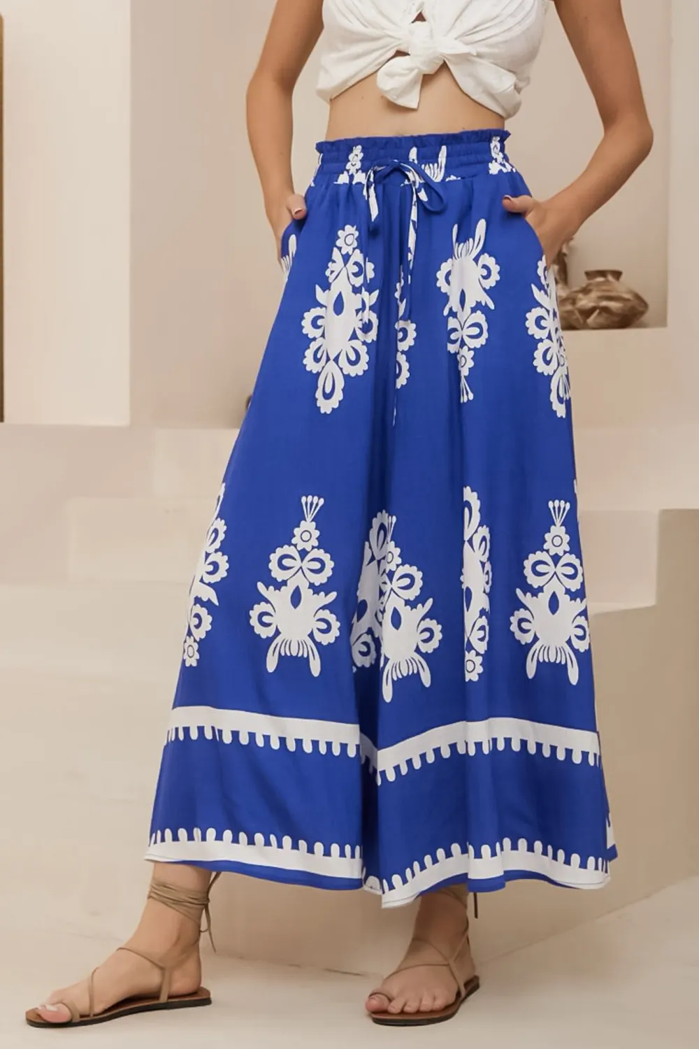 Blue Patterned High Waist Wide Leg Pants