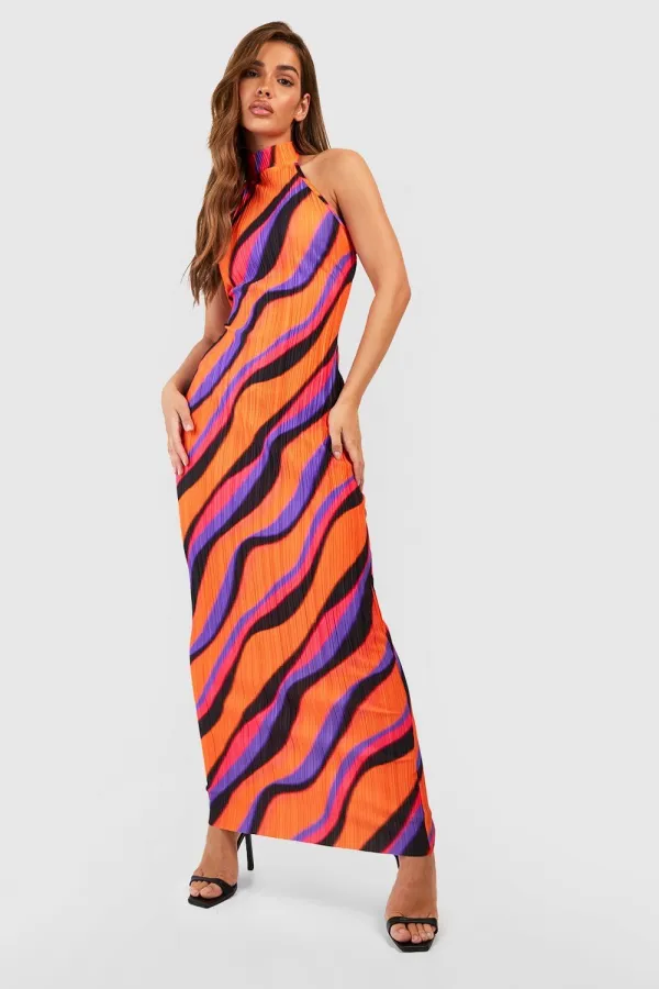 ABSTRACT PRINTED PLISSE HALTERNECK MAXI DRESS-ORANGE