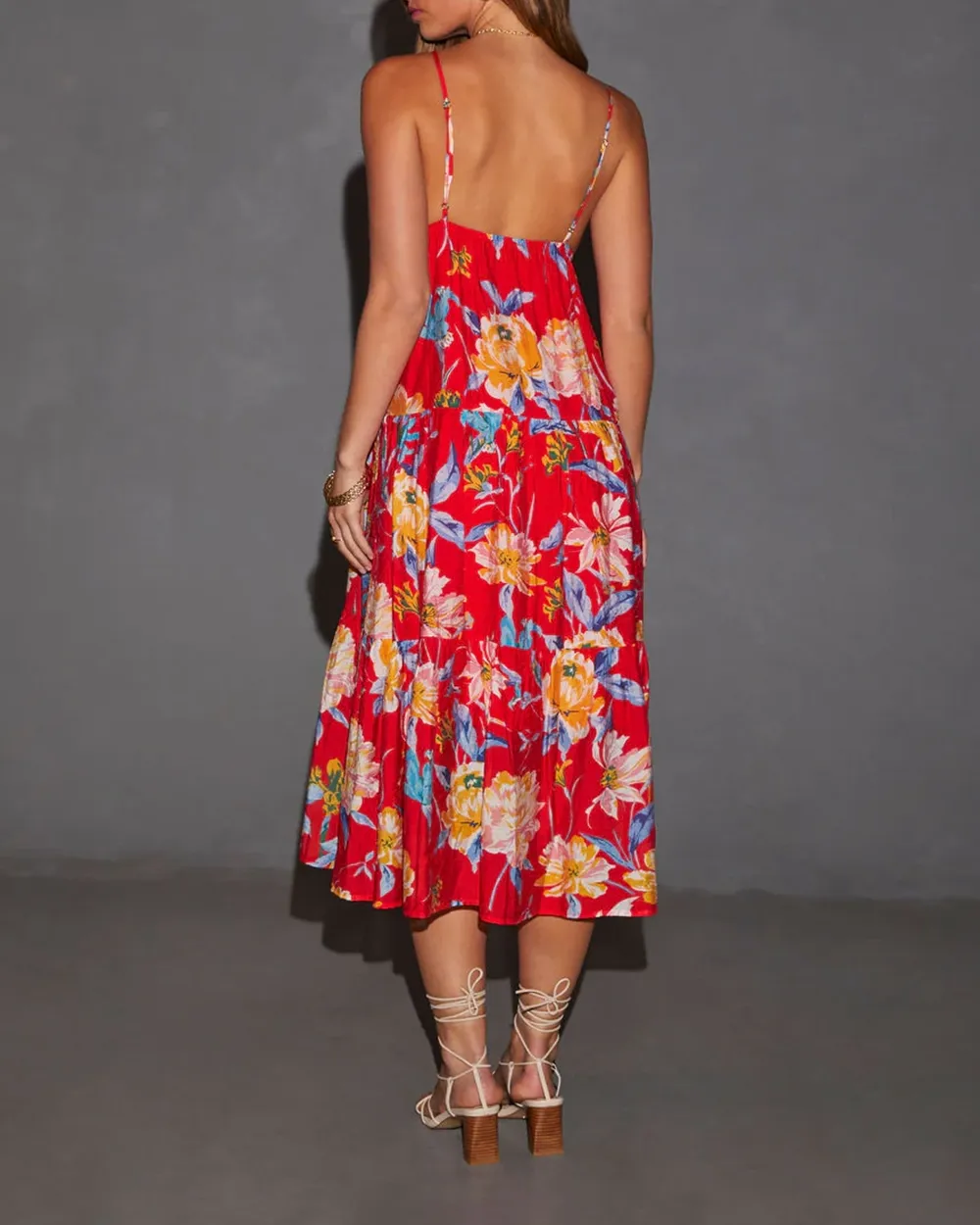 Floral V-Neck Tiered Midi Dress