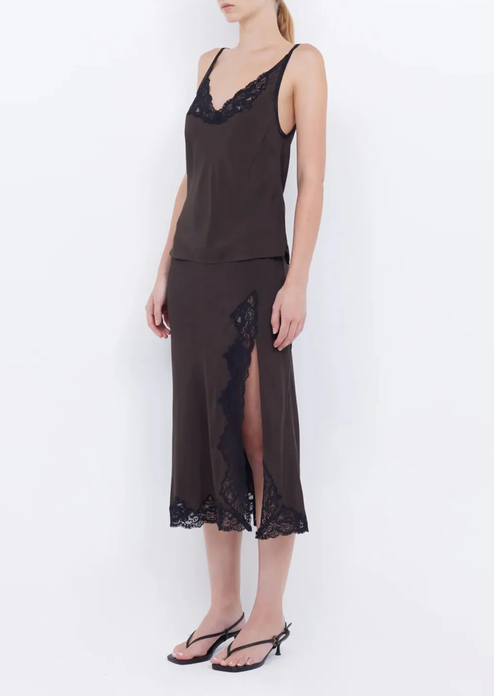 Lace Trimmed Sleeveless Slit Midi Dress