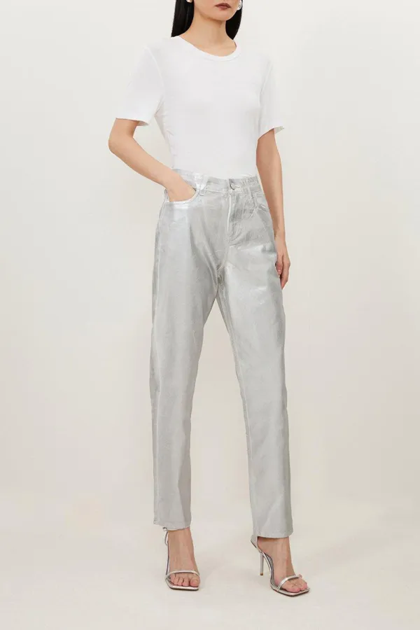 High Rise Slim Leg Silver Foiled Trouser