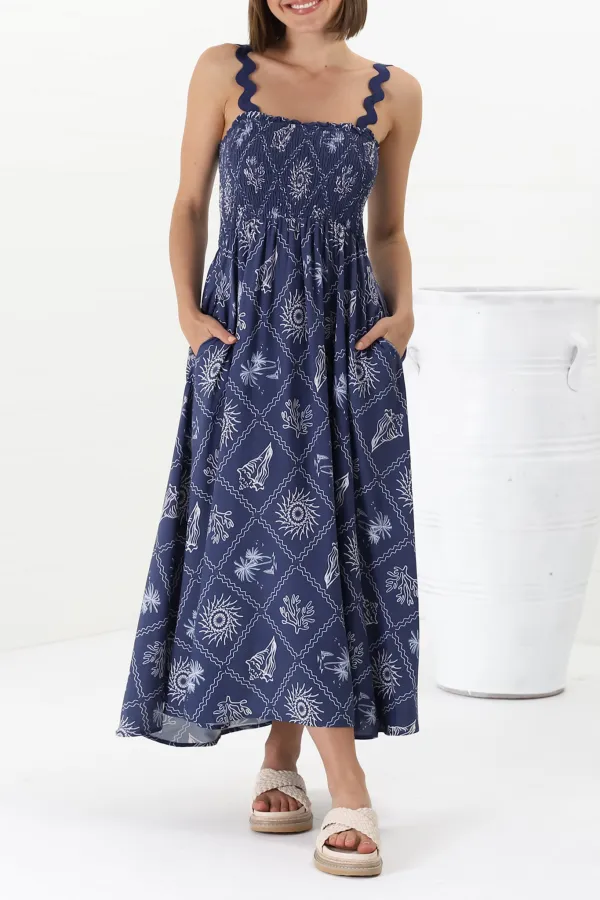 Blue Patterned Scallop Strap Midi Dress