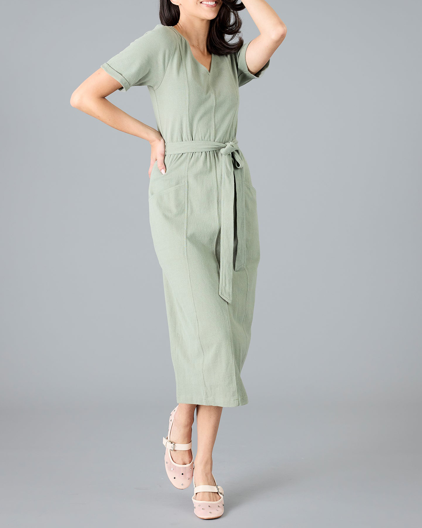 Slight Stretch V Neck Midi Dress