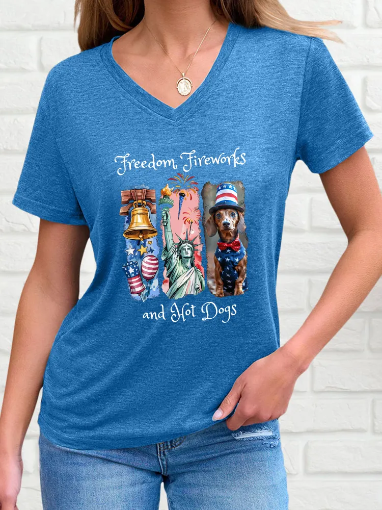 Woman'S Freedom Fireworks And Hot Dogs V-Neck And Short Sleeves T-Shirt