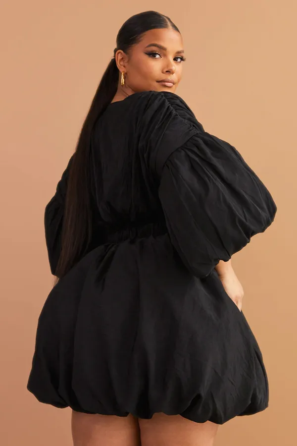 Plus Black Puff Sleeve Puffball Hem Dress